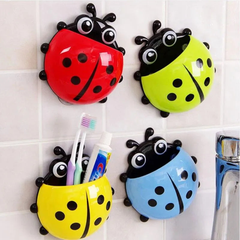 Creative Cute Cartoon Ladybug Kids Wall Suction Cup Mount Toothbrush & Toothpaste Holder | Pencil Pen Travel Storage Organizer