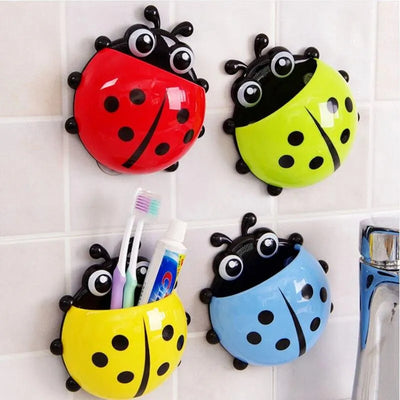 Creative Cute Cartoon Ladybug Kids Wall Suction Cup Mount Toothbrush & Toothpaste Holder | Pencil Pen Travel Storage Organizer