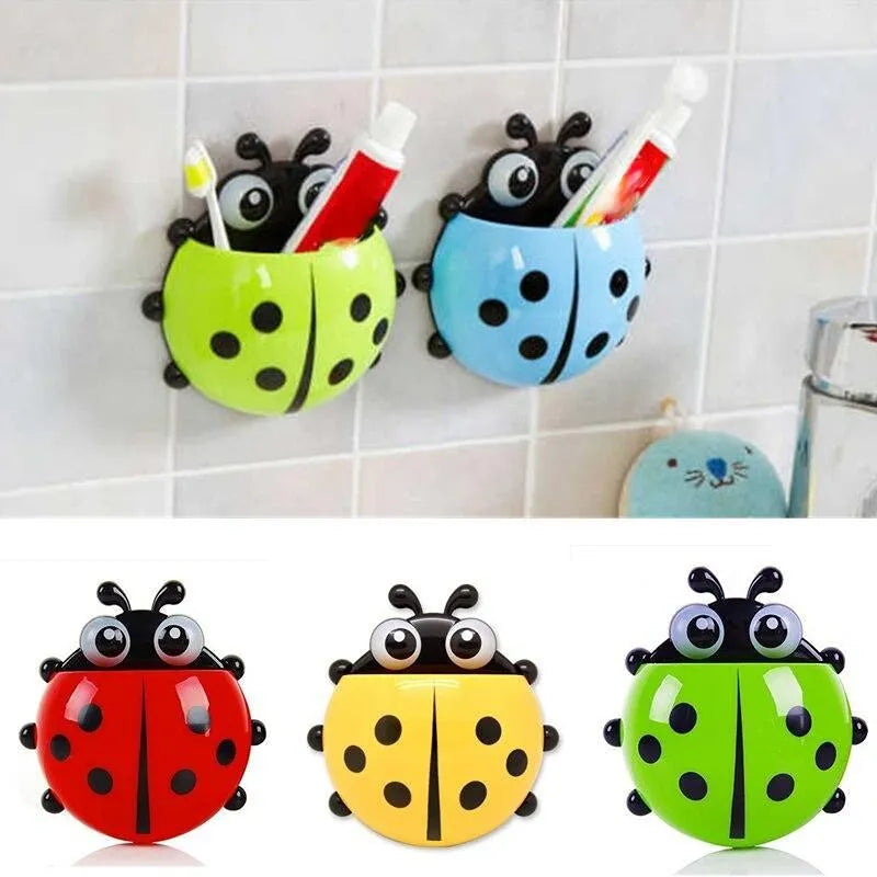 Creative Cute Cartoon Ladybug Kids Wall Suction Cup Mount Toothbrush & Toothpaste Holder | Pencil Pen Travel Storage Organizer