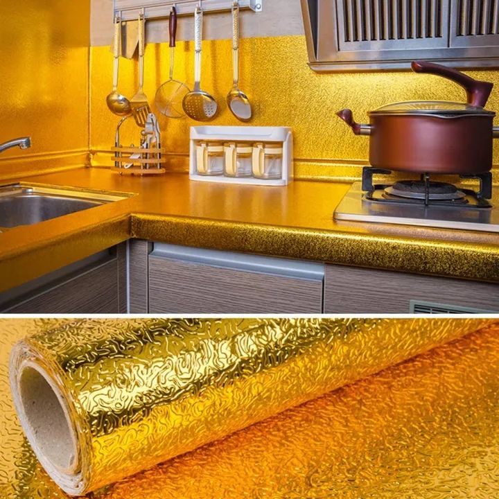 "Golden Aluminum Foil Sticker 40/200cm – Waterproof, Oil-Proof, Heat-Resistant Kitchen Cabinet & Backsplash Wall Protector, Stove & Wall Tile Aluminum Sheet"