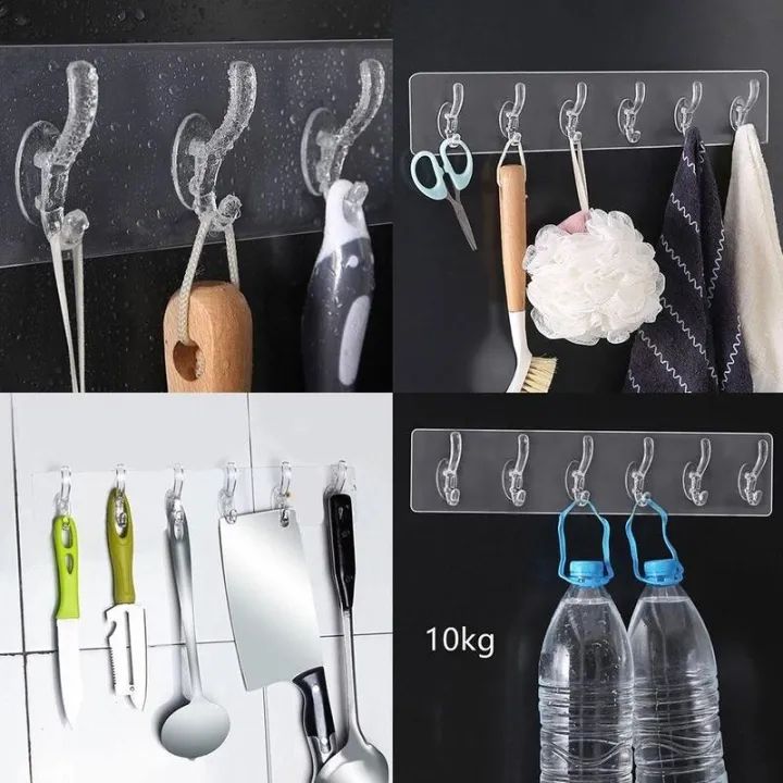 6 Hooks Transparent Self-Adhesive Door & Wall Hangers – Kitchen & Bathroom