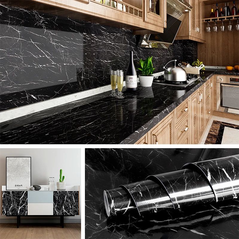 60CM x 2M Black Marble Self Adhesive Wallpaper | Kitchen Oil Proof & Heat Resistant Wall Sheet for Cabinets, Stove & Countertops