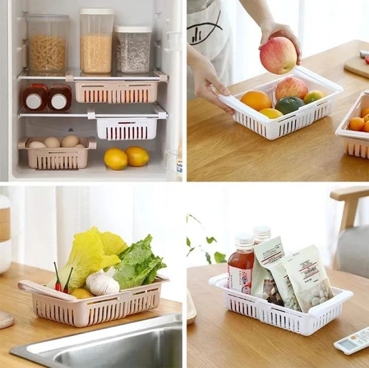 Adjustable Fridge Storage Basket – Expandable Plastic Refrigerator Space Saver Organizer