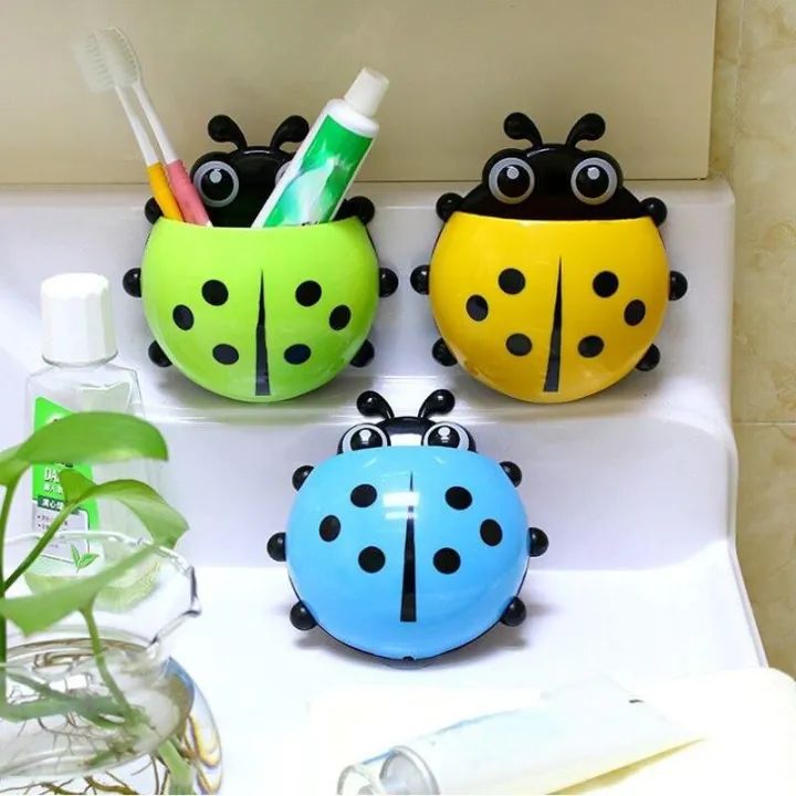 Creative Cute Cartoon Ladybug Kids Wall Suction Cup Mount Toothbrush & Toothpaste Holder | Pencil Pen Travel Storage Organizer