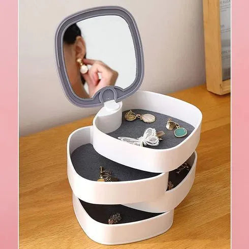 Rotating Jewelry Organizer 360° | Multi-Layer Cosmetic & Jewelry Storage Stand with Mirror | Space-Saving Makeup Organizer for Women