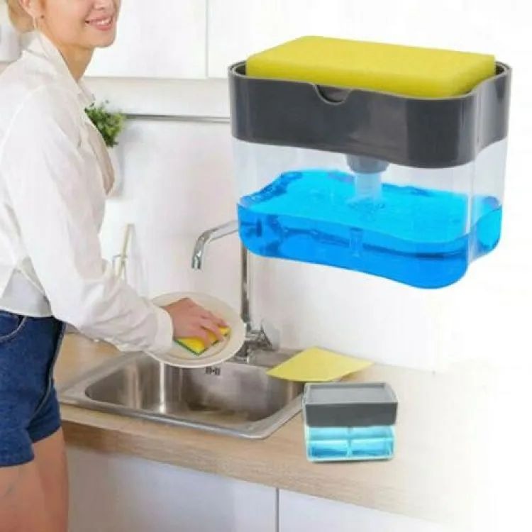 Soap Pump Dispenser & Sponge Holder for Kitchen Sink – Dishwashing Soap Dispenser with Storage Box