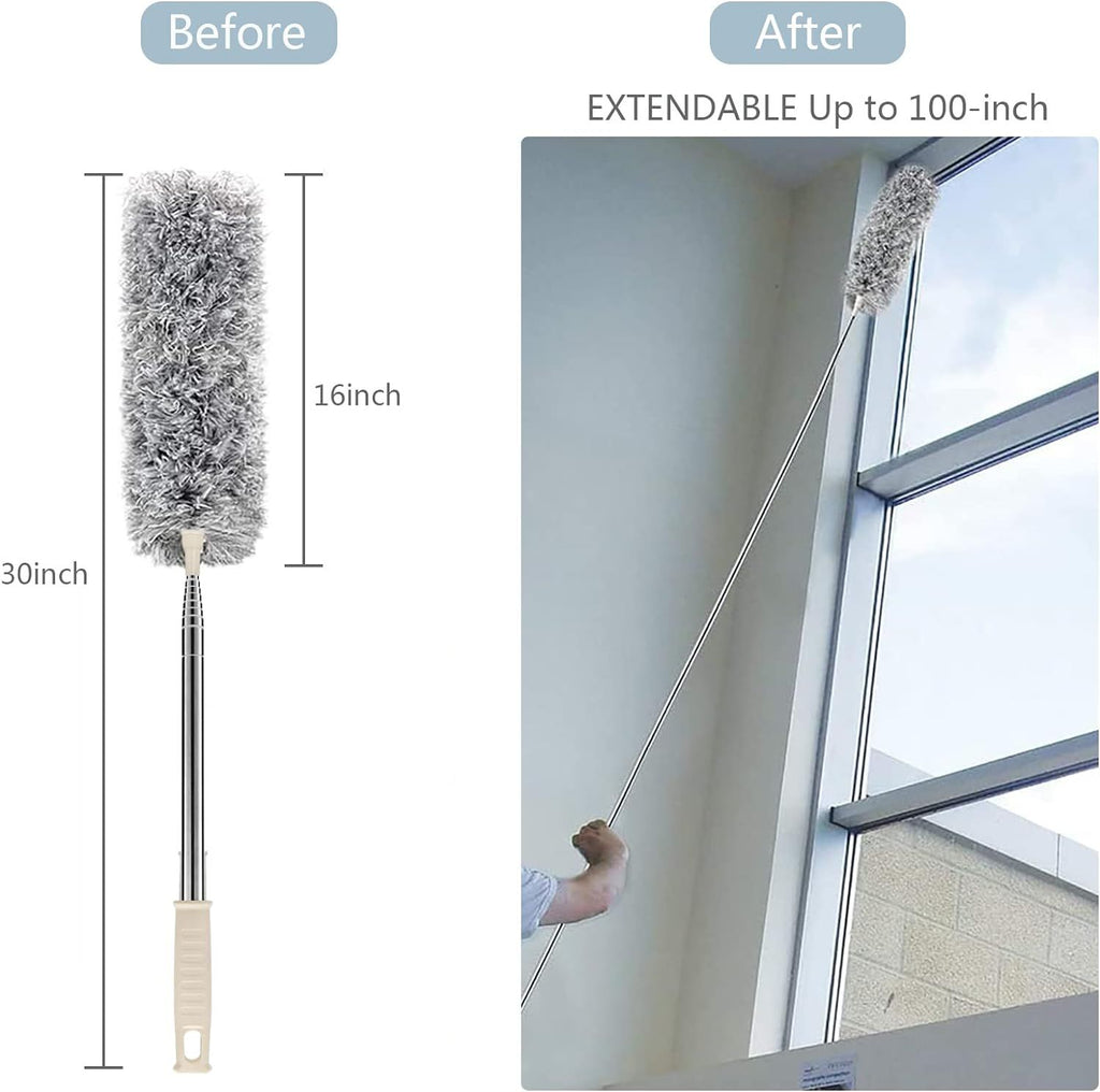 Microfiber Duster with Extendable Pole | Stainless Steel 30–100cm, Bendable Head for Ceiling Fans, High Ceilings, Furniture & Cars – Gray