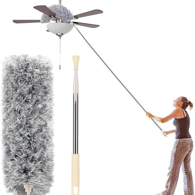 Microfiber Duster with Extendable Pole | Stainless Steel 30–100cm, Bendable Head for Ceiling Fans, High Ceilings, Furniture & Cars – Gray