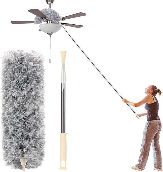 Microfiber Duster with Extendable Pole | Stainless Steel 30–100cm, Bendable Head for Ceiling Fans, High Ceilings, Furniture & Cars – Gray