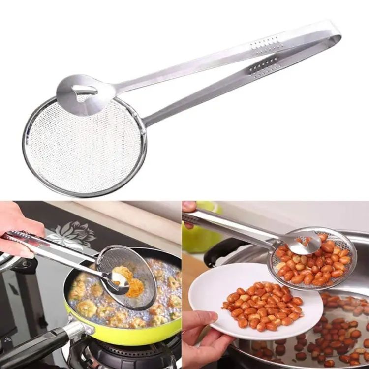 Stainless Steel Fry Filter Spoon Strainer with Clip | Oil Frying & BBQ Mesh Colander Kitchen Tool