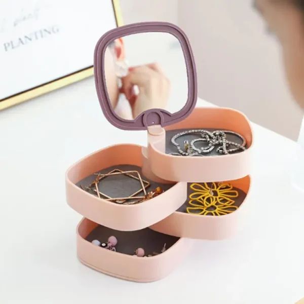 Rotating Jewelry Organizer 360° | Multi-Layer Cosmetic & Jewelry Storage Stand with Mirror | Space-Saving Makeup Organizer for Women