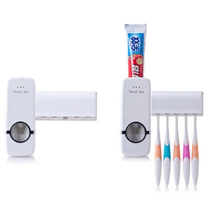 Automatic Toothpaste Dispenser with 5 Brush Holder Wall Mounted Hands-Free Bathroom Organizer
