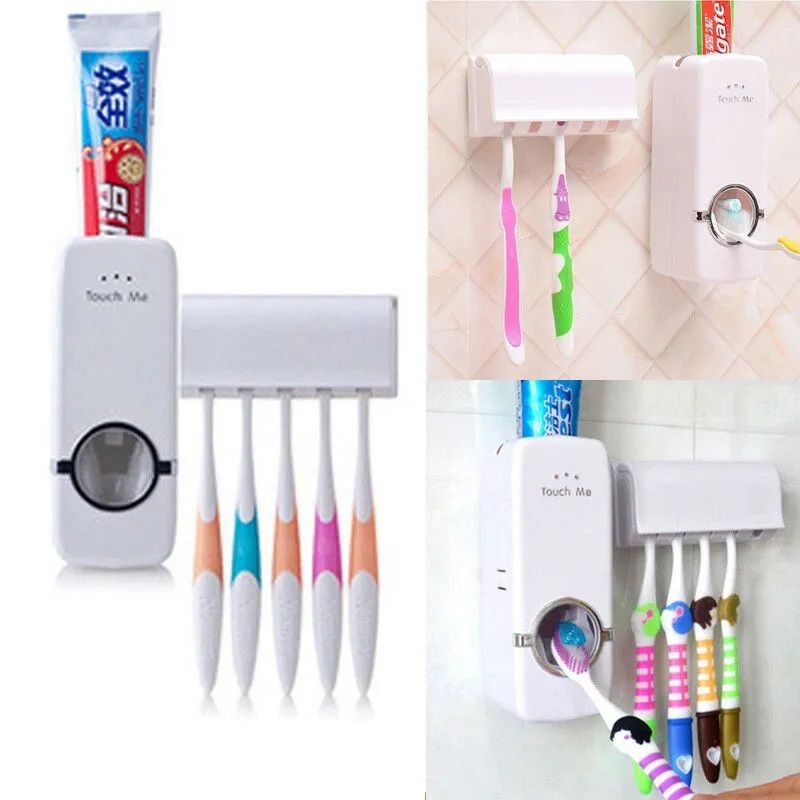 Automatic Toothpaste Dispenser with 5 Brush Holder Wall Mounted Hands-Free Bathroom Organizer