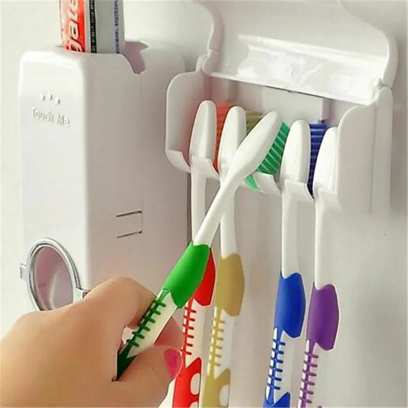 Automatic Toothpaste Dispenser with 5 Brush Holder Wall Mounted Hands-Free Bathroom Organizer