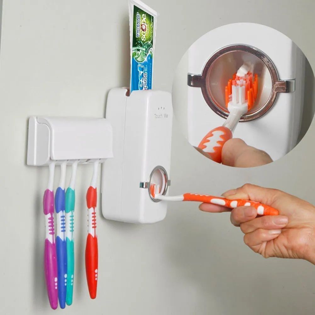 Automatic Toothpaste Dispenser with 5 Brush Holder Wall Mounted Hands-Free Bathroom Organizer