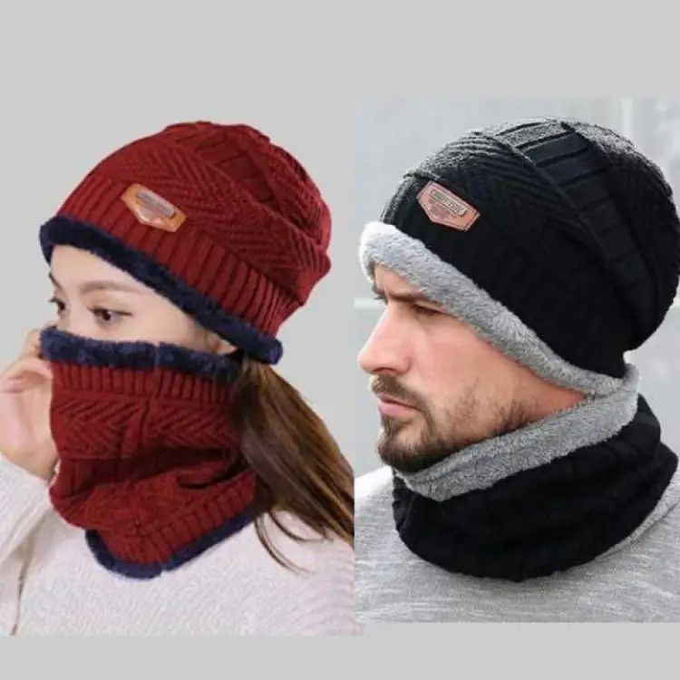 2PC Winter Beanie Hat & Neck Warmer Scarf Set – Fleece Lined Knit Skull Cap for Men & Women