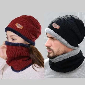 2PC Winter Beanie Hat & Neck Warmer Scarf Set – Fleece Lined Knit Skull Cap for Men & Women