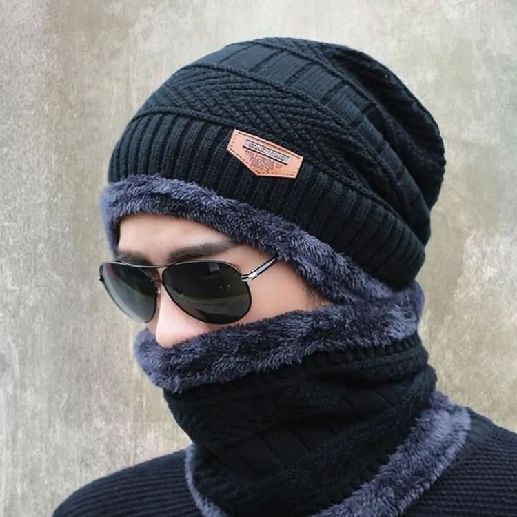 2PC Winter Beanie Hat & Neck Warmer Scarf Set – Fleece Lined Knit Skull Cap for Men & Women