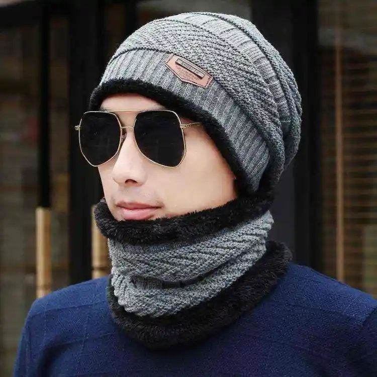 2PC Winter Beanie Hat & Neck Warmer Scarf Set – Fleece Lined Knit Skull Cap for Men & Women